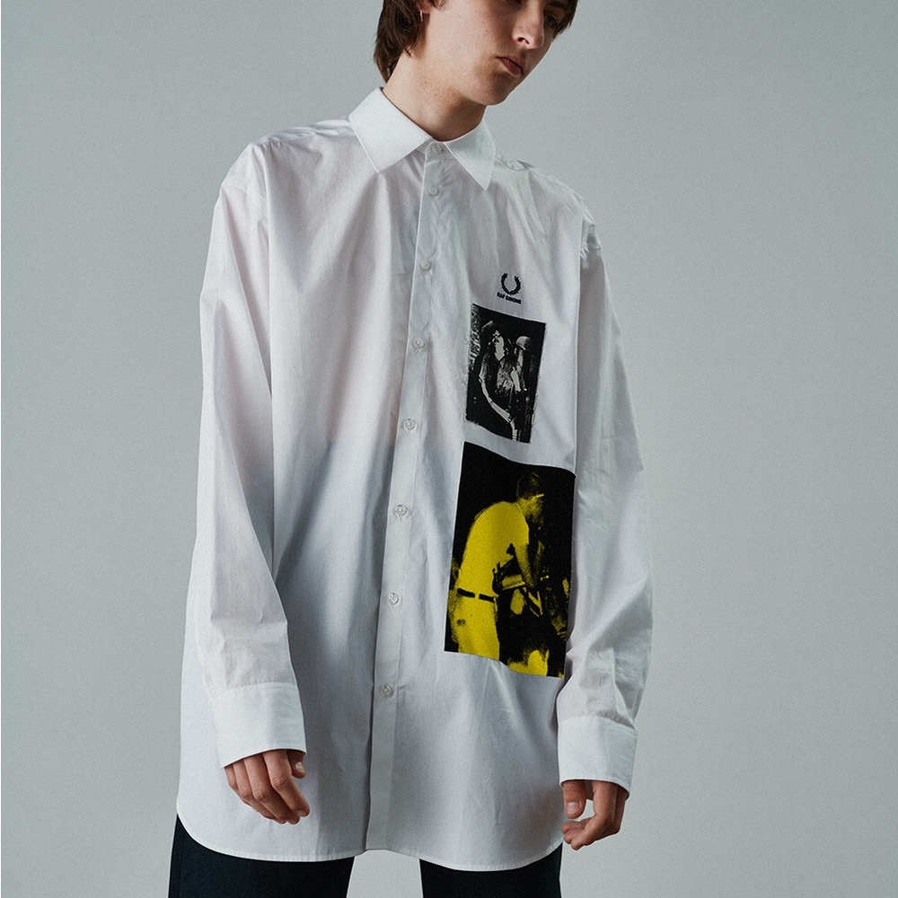 Raf simons fred perry white collar long sleeve patchwork shirt